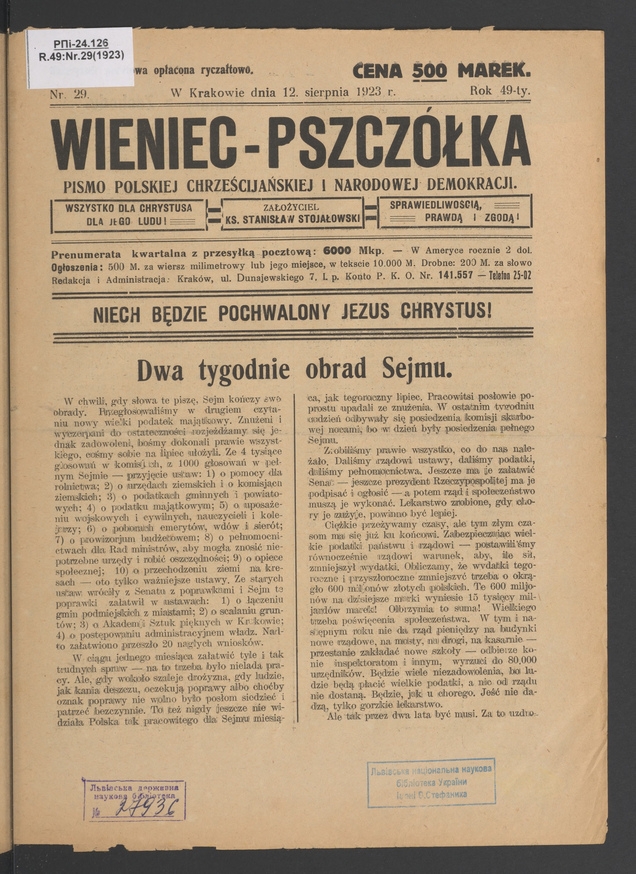 Wieniec-Pszczółka : pismo polskiej chrześcijańskiej i narodowej demokracji. Rok 49, 1923, numer 29