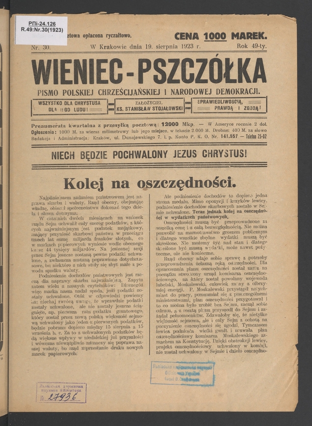 Wieniec-Pszczółka : pismo polskiej chrześcijańskiej i narodowej demokracji. Rok 49, 1923, numer 30