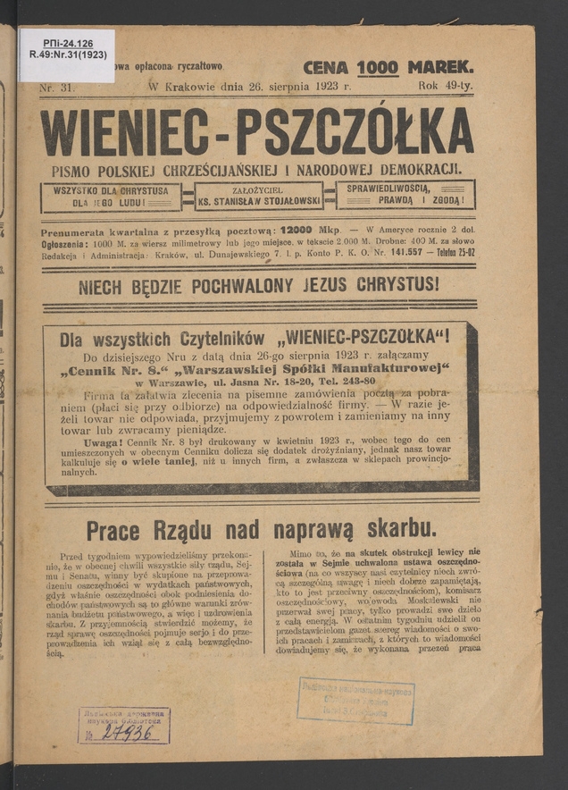 Wieniec-Pszczółka : pismo polskiej chrześcijańskiej i narodowej demokracji. Rok 49, 1923, numer 31
