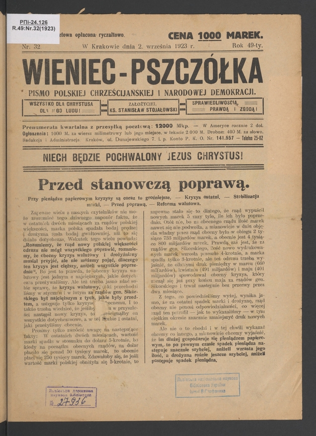Wieniec-Pszczółka : pismo polskiej chrześcijańskiej i narodowej demokracji. Rok 49, 1923, numer 32