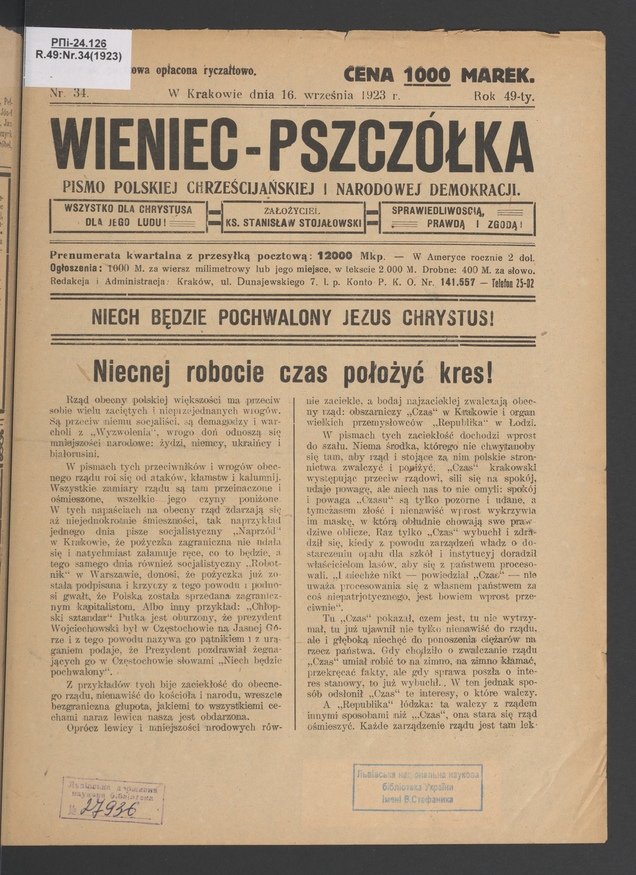 Wieniec-Pszczółka : pismo polskiej chrześcijańskiej i narodowej demokracji. Rok 49, 1923, numer 34