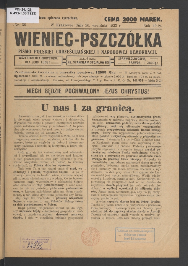 Wieniec-Pszczółka : pismo polskiej chrześcijańskiej i narodowej demokracji. Rok 49, 1923, numer 36