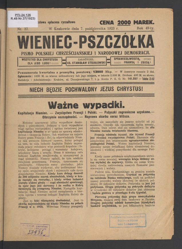 Wieniec-Pszczółka : pismo polskiej chrześcijańskiej i narodowej demokracji. Rok 49, 1923, numer 37