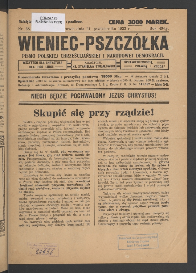 Wieniec-Pszczółka : pismo polskiej chrześcijańskiej i narodowej demokracji. Rok 49, 1923, numer 38