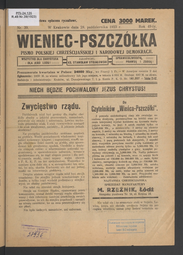 Wieniec-Pszczółka : pismo polskiej chrześcijańskiej i narodowej demokracji. Rok 49, 1923, numer 39
