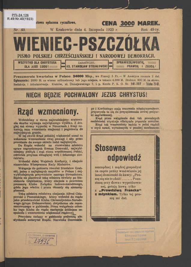 Wieniec-Pszczółka : pismo polskiej chrześcijańskiej i narodowej demokracji. Rok 49, 1923, numer 40