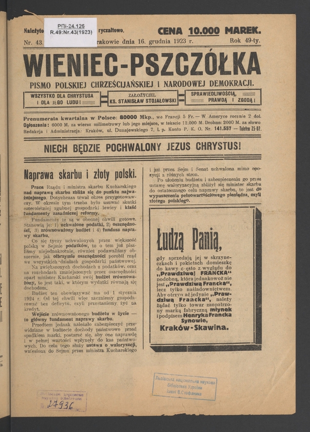 Wieniec-Pszczółka : pismo polskiej chrześcijańskiej i narodowej demokracji. Rok 49, 1923, numer 43