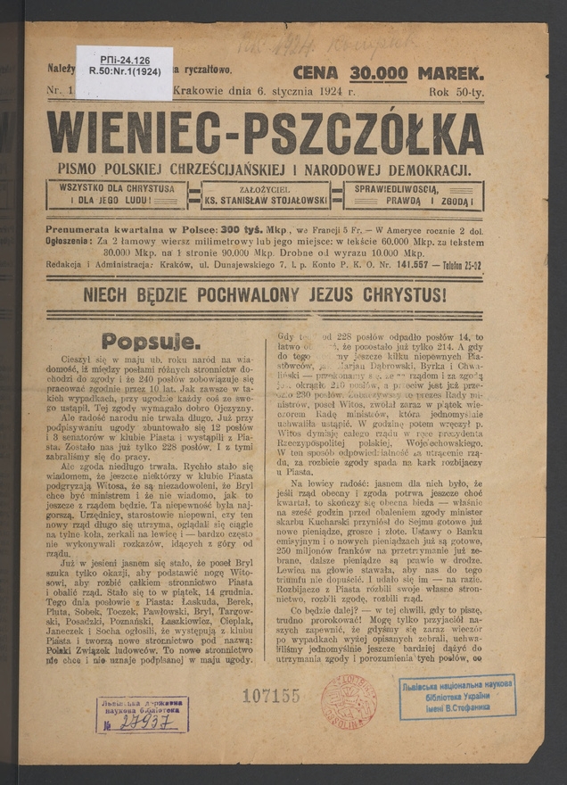 Wieniec-Pszczółka : pismo polskiej chrześcijańskiej i narodowej demokracji. Rok 50, 1924, numer 1