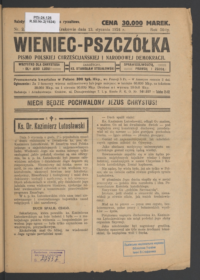 Wieniec-Pszczółka : pismo polskiej chrześcijańskiej i narodowej demokracji. Rok 50, 1924, numer 2