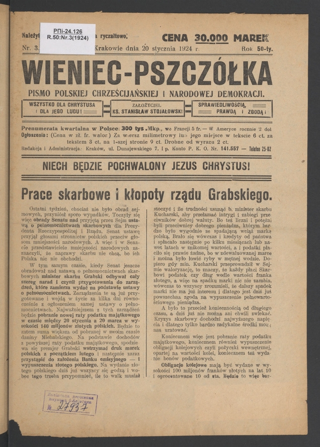 Wieniec-Pszczółka : pismo polskiej chrześcijańskiej i narodowej demokracji. Rok 50, 1924, numer 3