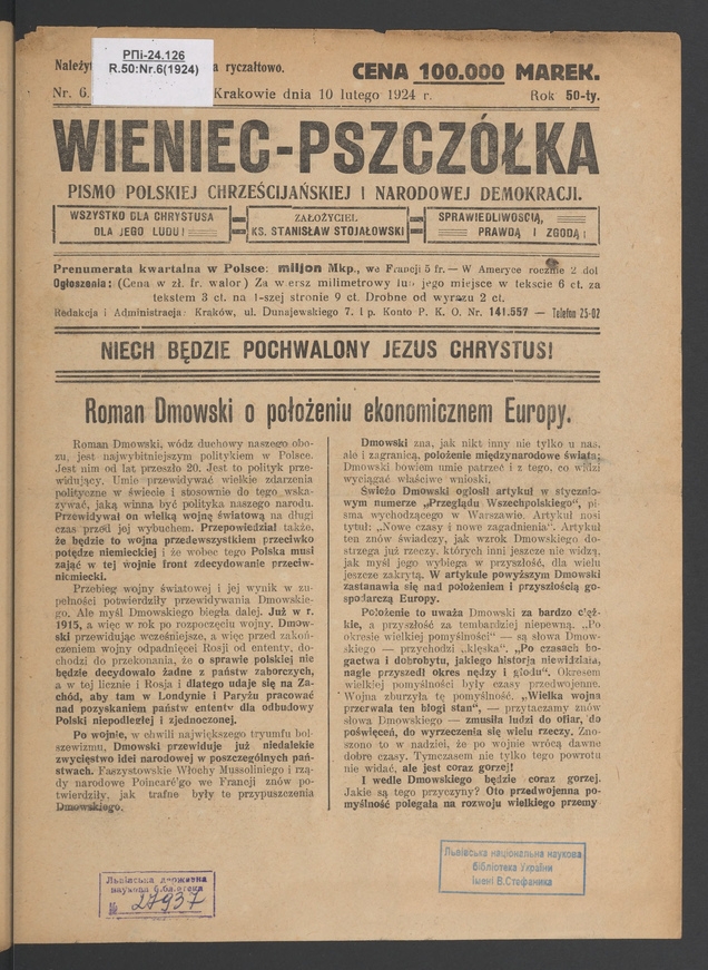 Wieniec-Pszczółka : pismo polskiej chrześcijańskiej i narodowej demokracji. Rok 50, 1924, numer 6