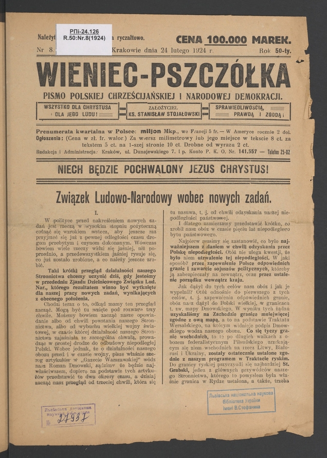 Wieniec-Pszczółka : pismo polskiej chrześcijańskiej i narodowej demokracji. Rok 50, 1924, numer 8