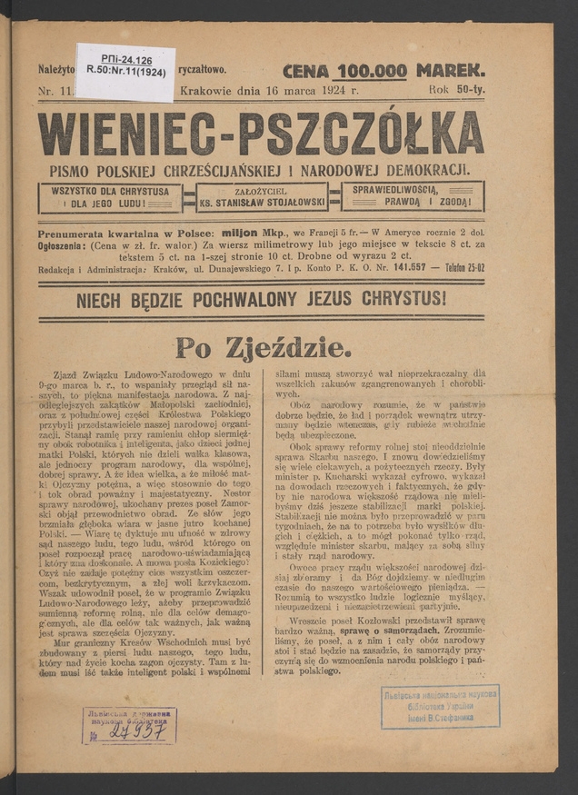 Wieniec-Pszczółka : pismo polskiej chrześcijańskiej i narodowej demokracji. Rok 50, 1924, numer 11