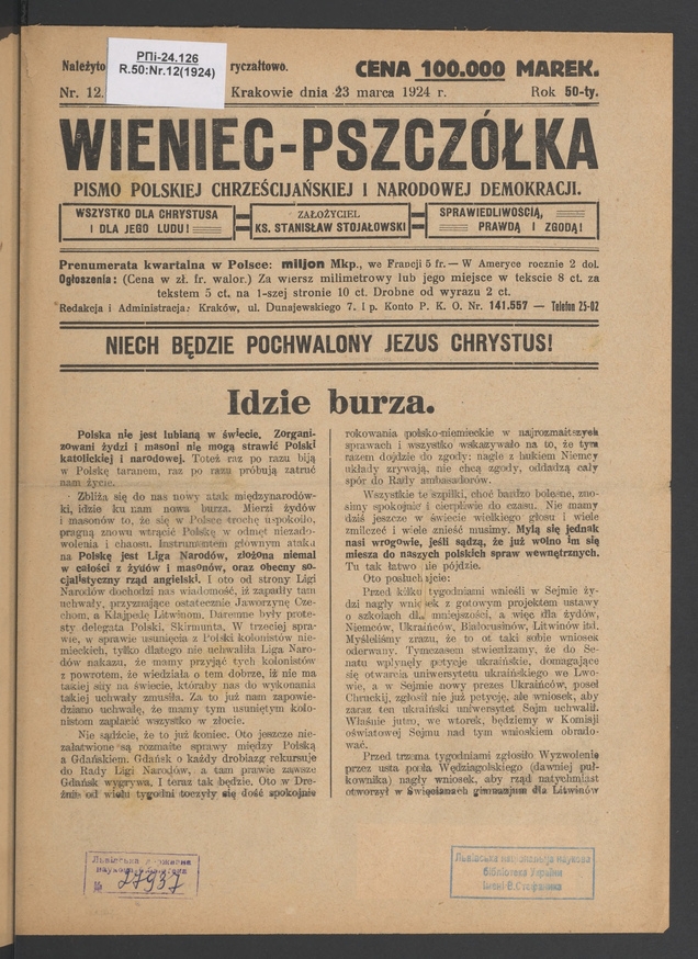 Wieniec-Pszczółka : pismo polskiej chrześcijańskiej i narodowej demokracji. Rok 50, 1924, numer 12