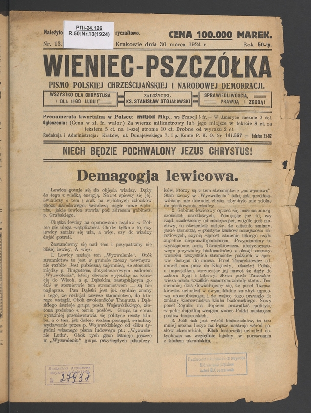 Wieniec-Pszczółka : pismo polskiej chrześcijańskiej i narodowej demokracji. Rok 50, 1924, numer 13
