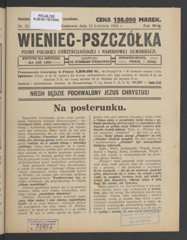 Wieniec-Pszczółka : pismo polskiej chrześcijańskiej i narodowej demokracji. Rok 50, 1924, numer 15