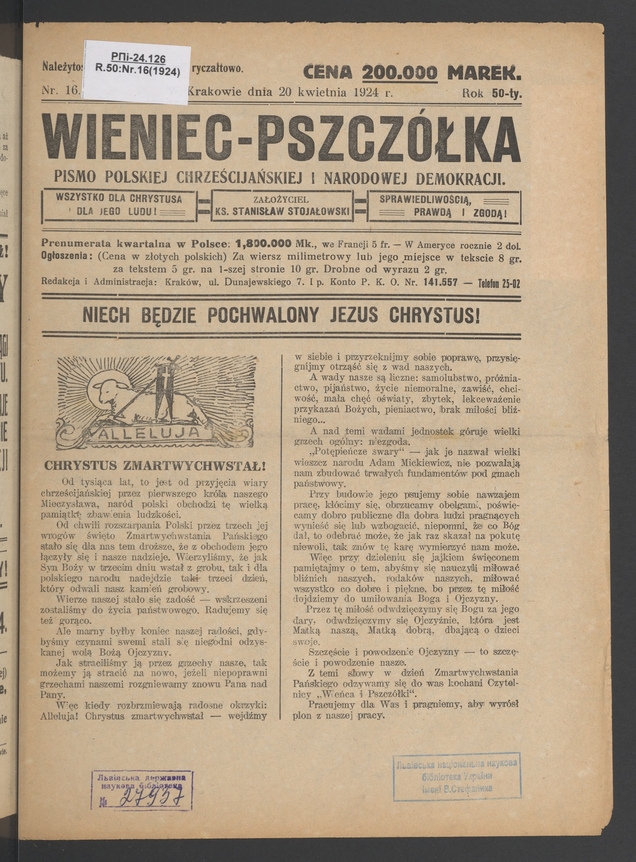 Wieniec-Pszczółka : pismo polskiej chrześcijańskiej i narodowej demokracji. Rok 50, 1924, numer 16