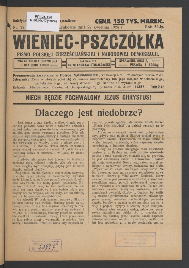 Wieniec-Pszczółka : pismo polskiej chrześcijańskiej i narodowej demokracji. Rok 50, 1924, numer 17