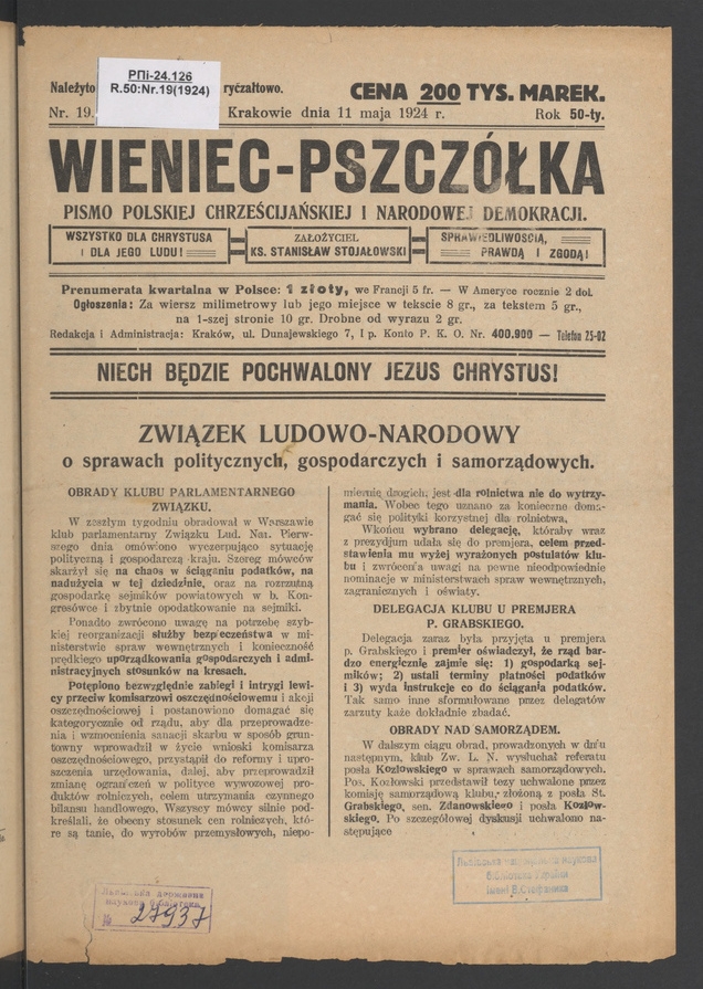 Wieniec-Pszczółka : pismo polskiej chrześcijańskiej i narodowej demokracji. Rok 50, 1924, numer 19