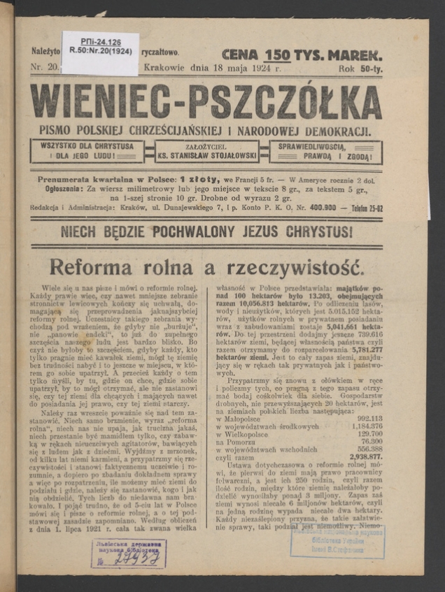 Wieniec-Pszczółka : pismo polskiej chrześcijańskiej i narodowej demokracji. Rok 50, 1924, numer 20