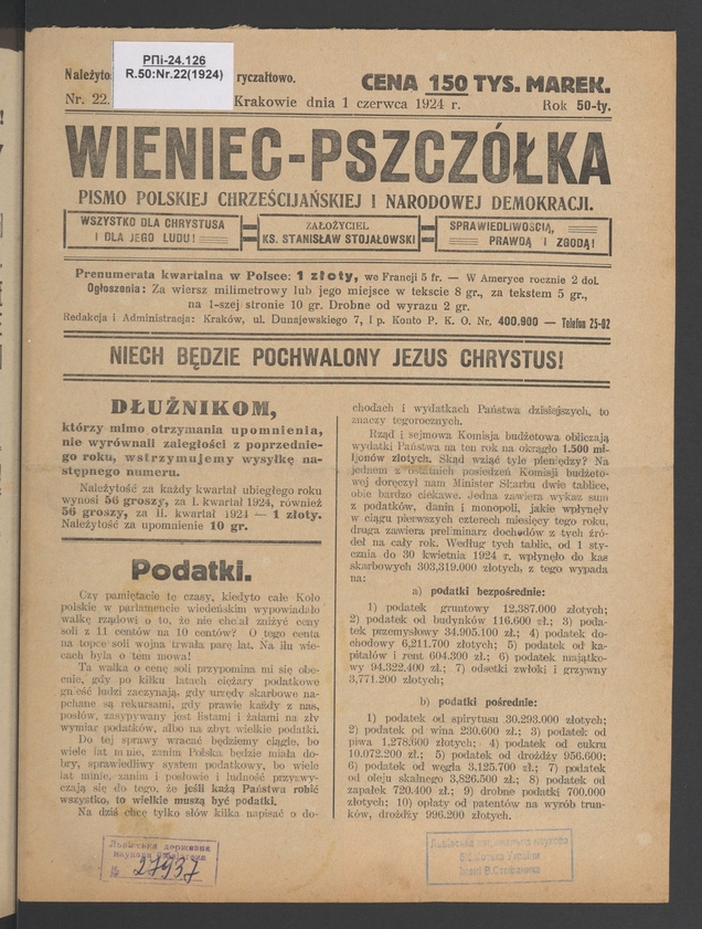 Wieniec-Pszczółka : pismo polskiej chrześcijańskiej i narodowej demokracji. Rok 50, 1924, numer 22