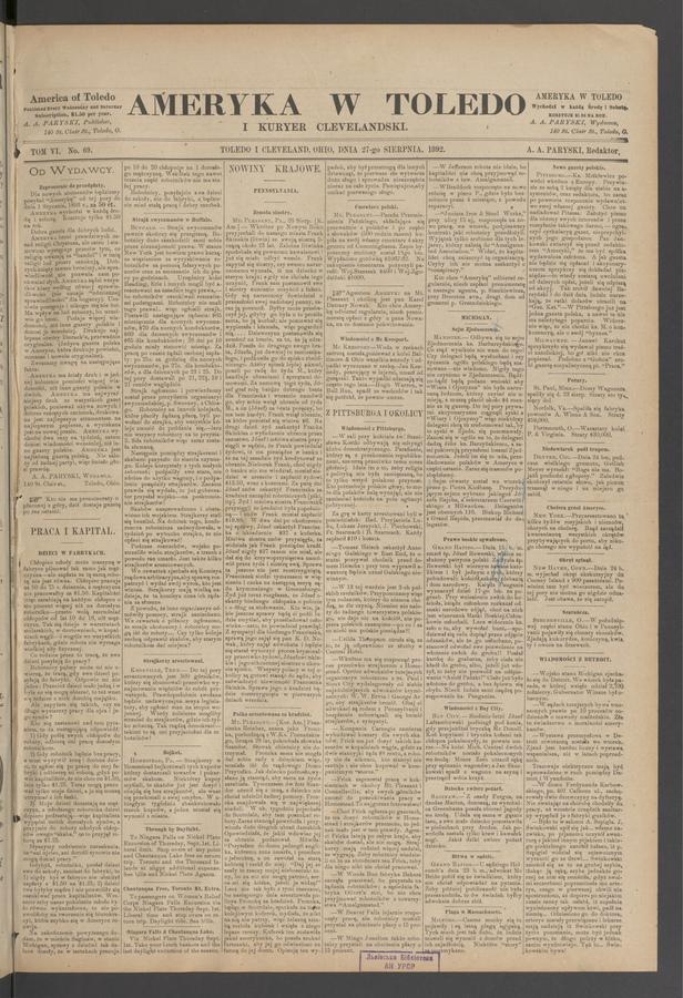 Ameryka w Toledo i Kuryer Clevelandski. Tom 6, 1892, numer 69
