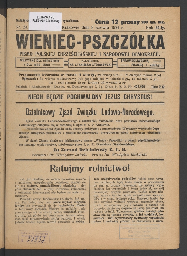 Wieniec-Pszczółka : pismo polskiej chrześcijańskiej i narodowej demokracji. Rok 50, 1924, numer 23