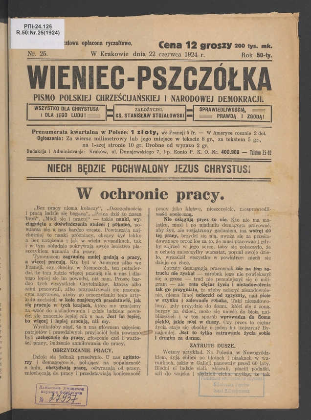 Wieniec-Pszczółka : pismo polskiej chrześcijańskiej i narodowej demokracji. Rok 50, 1924, numer 25
