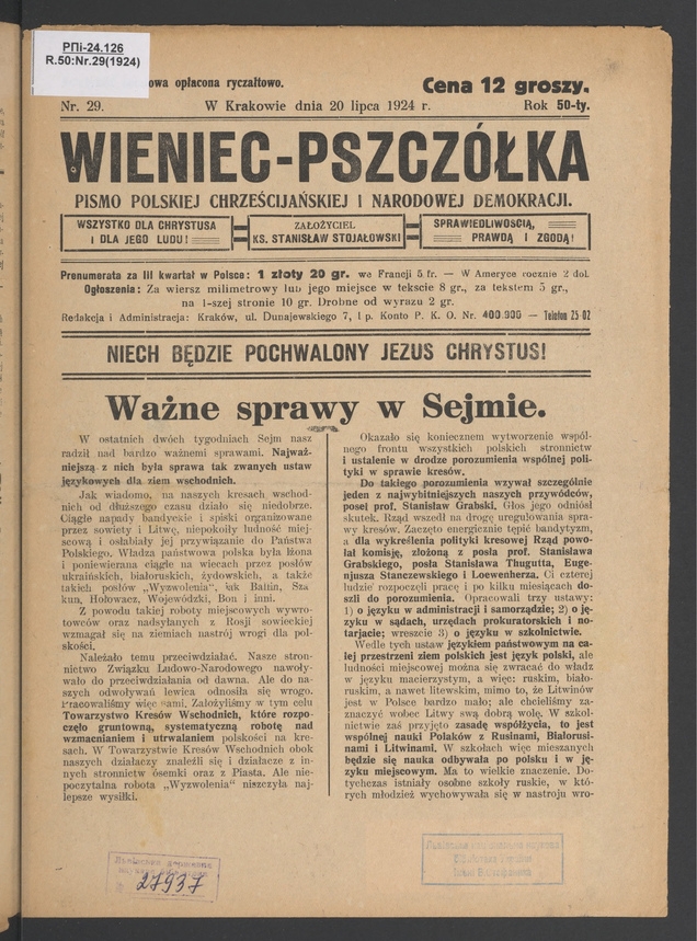 Wieniec-Pszczółka : pismo polskiej chrześcijańskiej i narodowej demokracji. Rok 50, 1924, numer 29