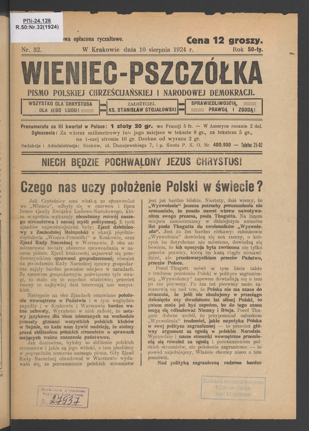 Wieniec-Pszczółka : pismo polskiej chrześcijańskiej i narodowej demokracji. Rok 50, 1924, numer 32