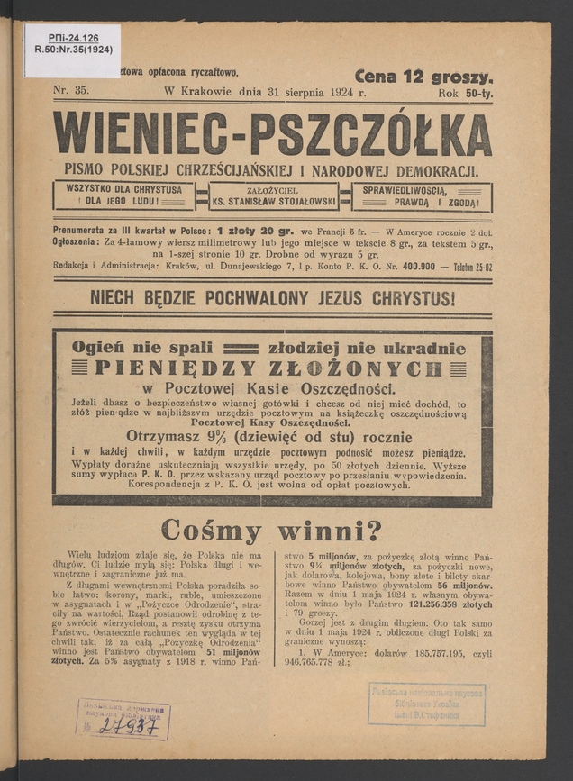 Wieniec-Pszczółka : pismo polskiej chrześcijańskiej i narodowej demokracji. Rok 50, 1924, numer 35