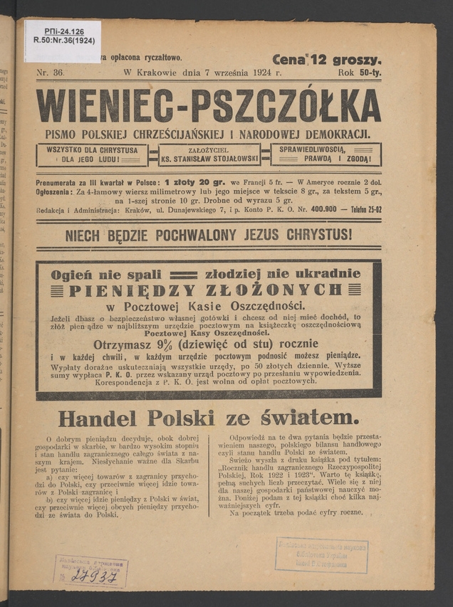 Wieniec-Pszczółka : pismo polskiej chrześcijańskiej i narodowej demokracji. Rok 50, 1924, numer 36