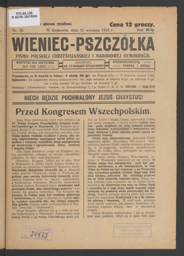 Wieniec-Pszczółka : pismo polskiej chrześcijańskiej i narodowej demokracji. Rok 50, 1924, numer 38