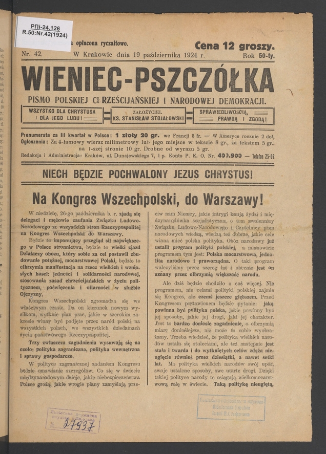 Wieniec-Pszczółka : pismo polskiej chrześcijańskiej i narodowej demokracji. Rok 50, 1924, numer 42