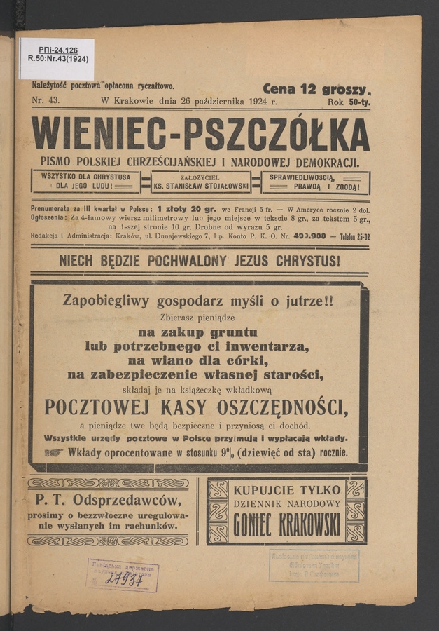 Wieniec-Pszczółka : pismo polskiej chrześcijańskiej i narodowej demokracji. Rok 50, 1924, numer 43