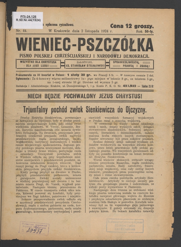 Wieniec-Pszczółka : pismo polskiej chrześcijańskiej i narodowej demokracji. Rok 50, 1924, numer 44