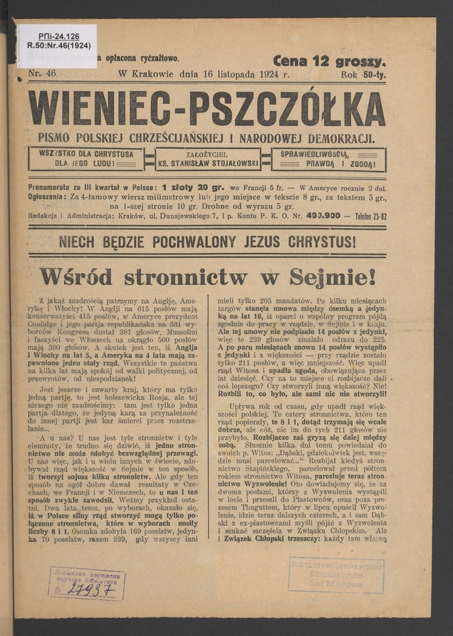 Wieniec-Pszczółka : pismo polskiej chrześcijańskiej i narodowej demokracji. Rok 50, 1924, numer 46