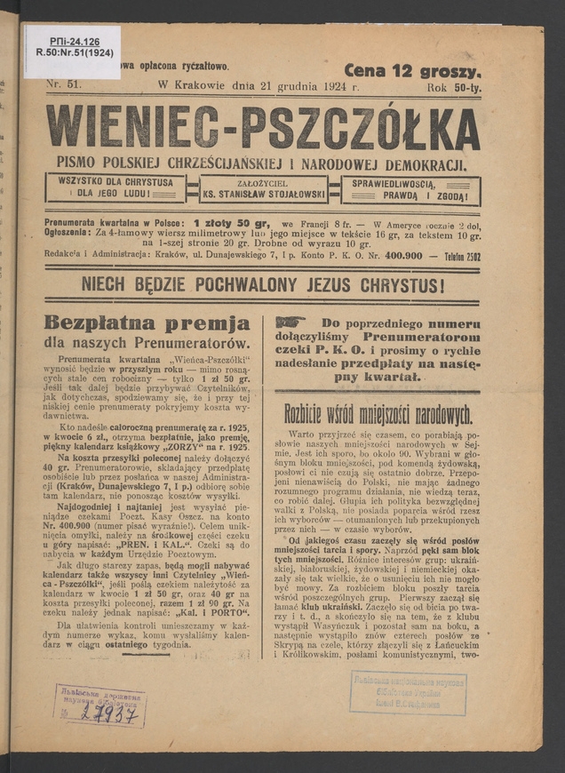 Wieniec-Pszczółka : pismo polskiej chrześcijańskiej i narodowej demokracji. Rok 50, 1924, numer 51