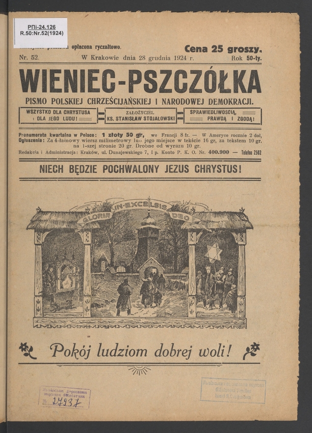 Wieniec-Pszczółka : pismo polskiej chrześcijańskiej i narodowej demokracji. Rok 50, 1924, numer 52