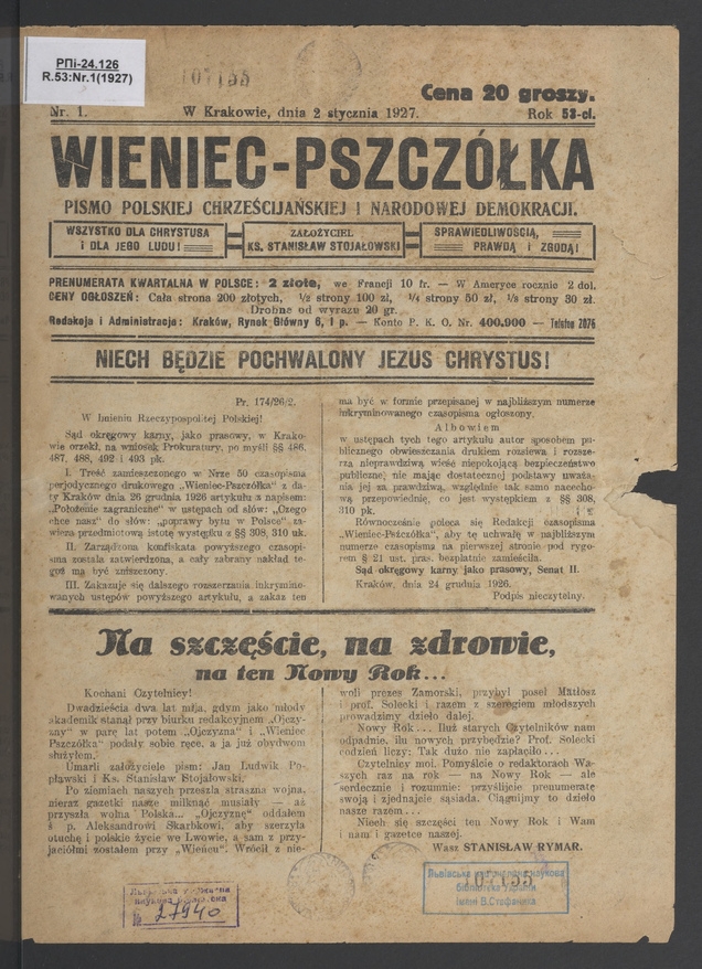 Wieniec-Pszczółka : pismo polskiej chrześcijańskiej i narodowej demokracji. Rok 53, 1927, numer 1