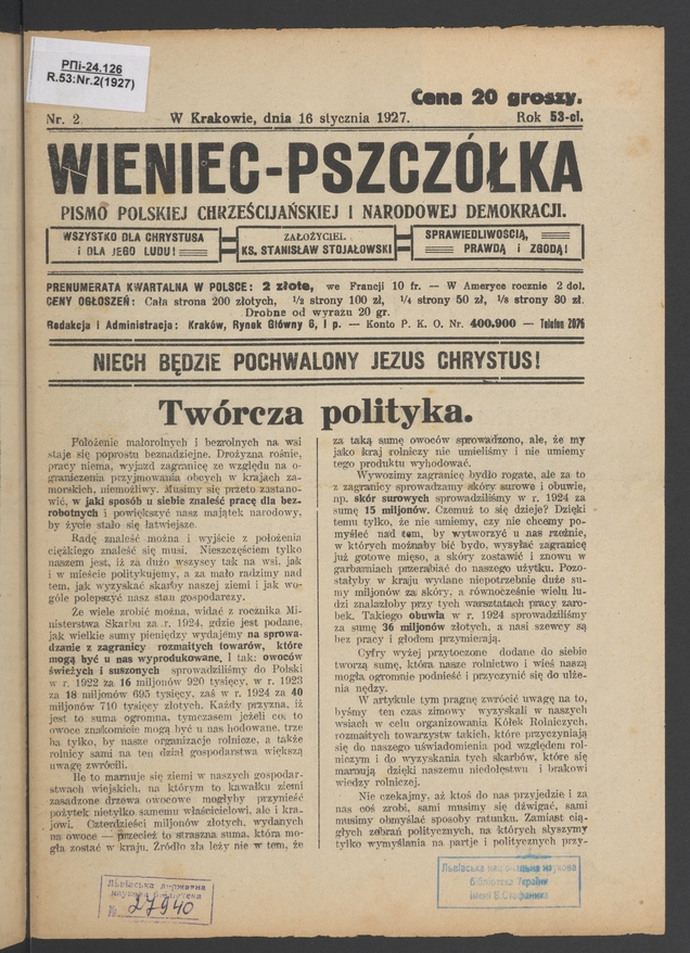 Wieniec-Pszczółka : pismo polskiej chrześcijańskiej i narodowej demokracji. Rok 53, 1927, numer 2