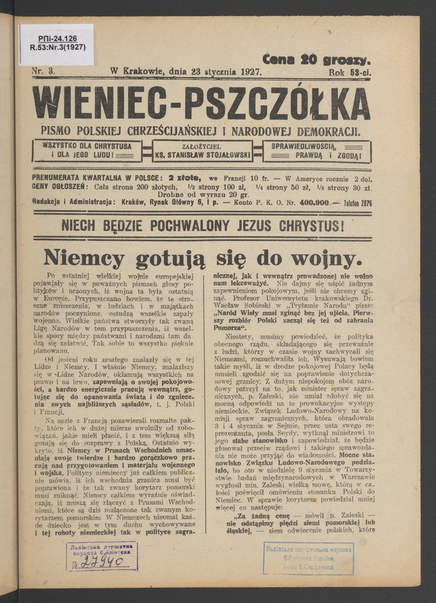 Wieniec-Pszczółka : pismo polskiej chrześcijańskiej i narodowej demokracji. Rok 53, 1927, numer 3
