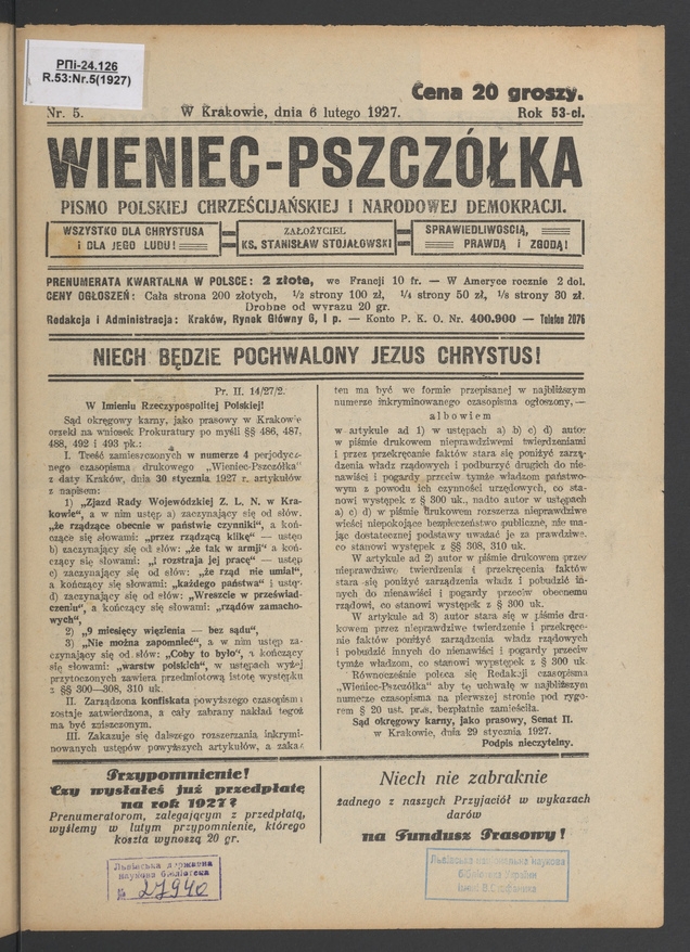 Wieniec-Pszczółka : pismo polskiej chrześcijańskiej i narodowej demokracji. Rok 53, 1927, numer 5
