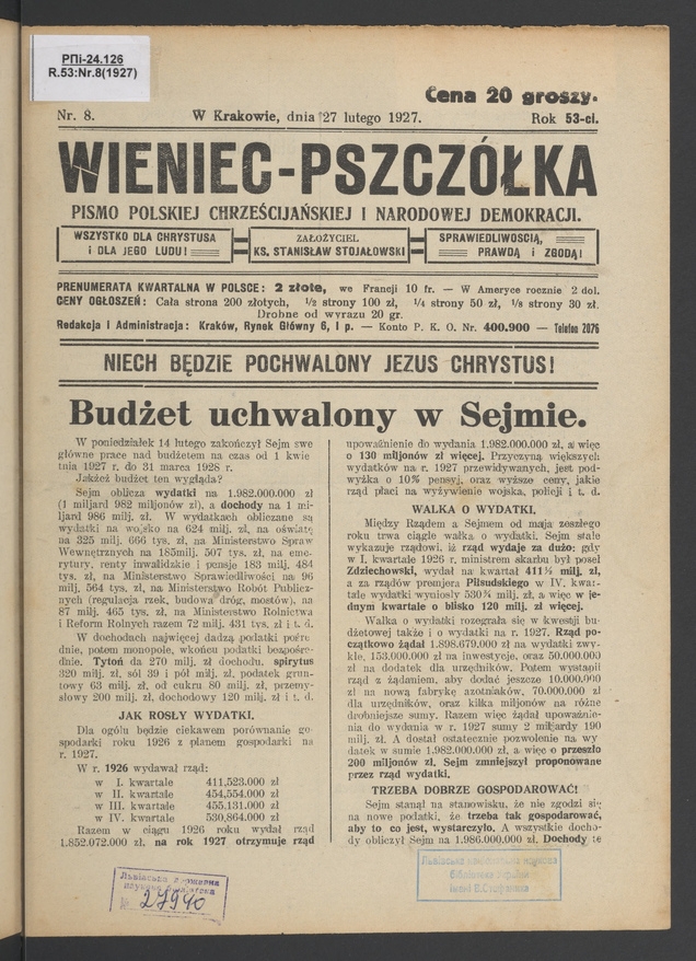 Wieniec-Pszczółka : pismo polskiej chrześcijańskiej i narodowej demokracji. Rok 53, 1927, numer 8