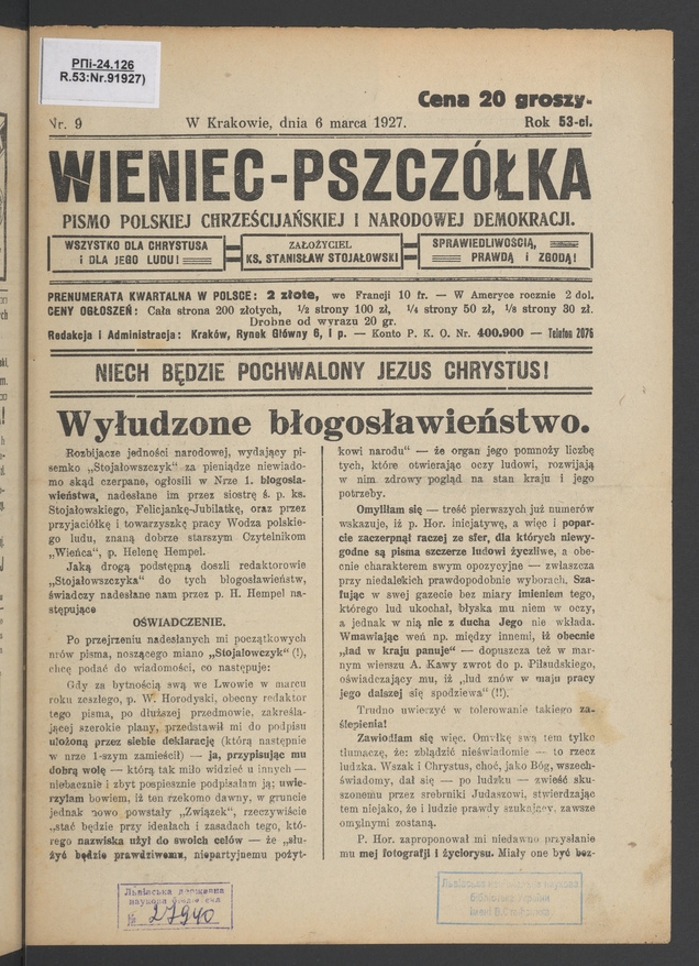 Wieniec-Pszczółka : pismo polskiej chrześcijańskiej i narodowej demokracji. Rok 53, 1927, numer 9