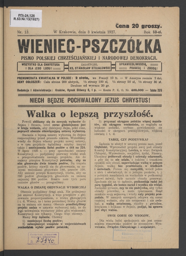 Wieniec-Pszczółka : pismo polskiej chrześcijańskiej i narodowej demokracji. Rok 53, 1927, numer 13