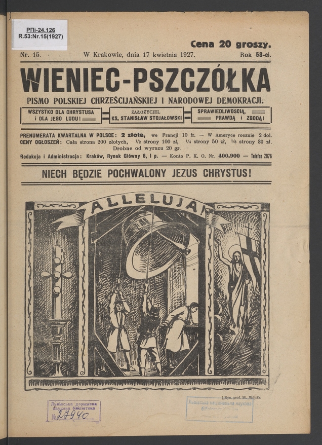 Wieniec-Pszczółka : pismo polskiej chrześcijańskiej i narodowej demokracji. Rok 53, 1927, numer 15