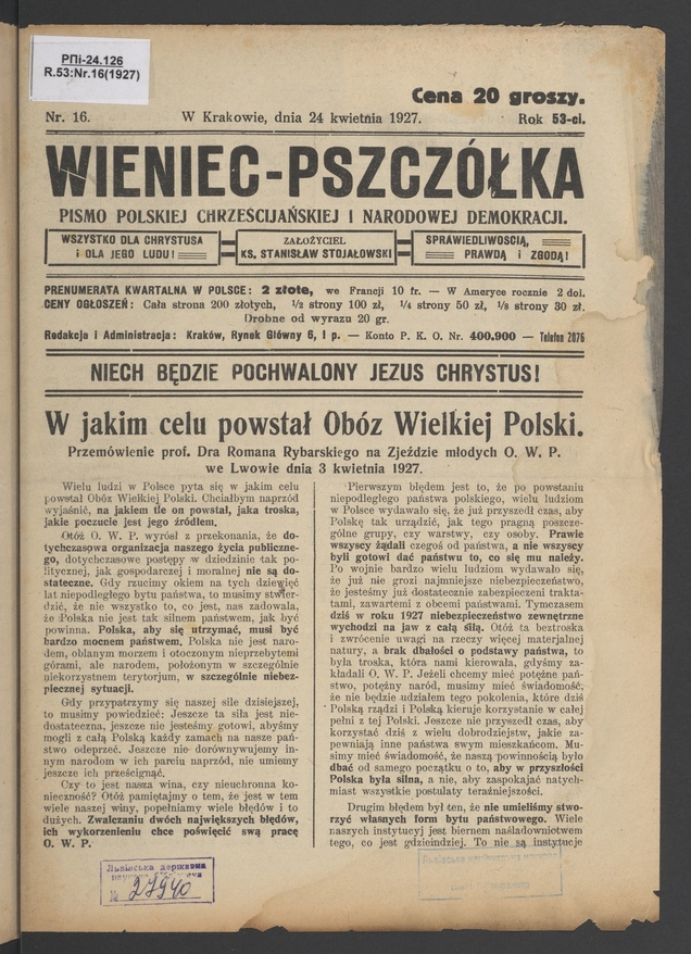 Wieniec-Pszczółka : pismo polskiej chrześcijańskiej i narodowej demokracji. Rok 53, 1927, numer 16