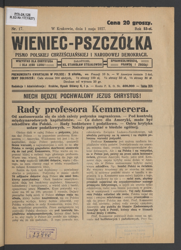 Wieniec-Pszczółka : pismo polskiej chrześcijańskiej i narodowej demokracji. Rok 53, 1927, numer 17