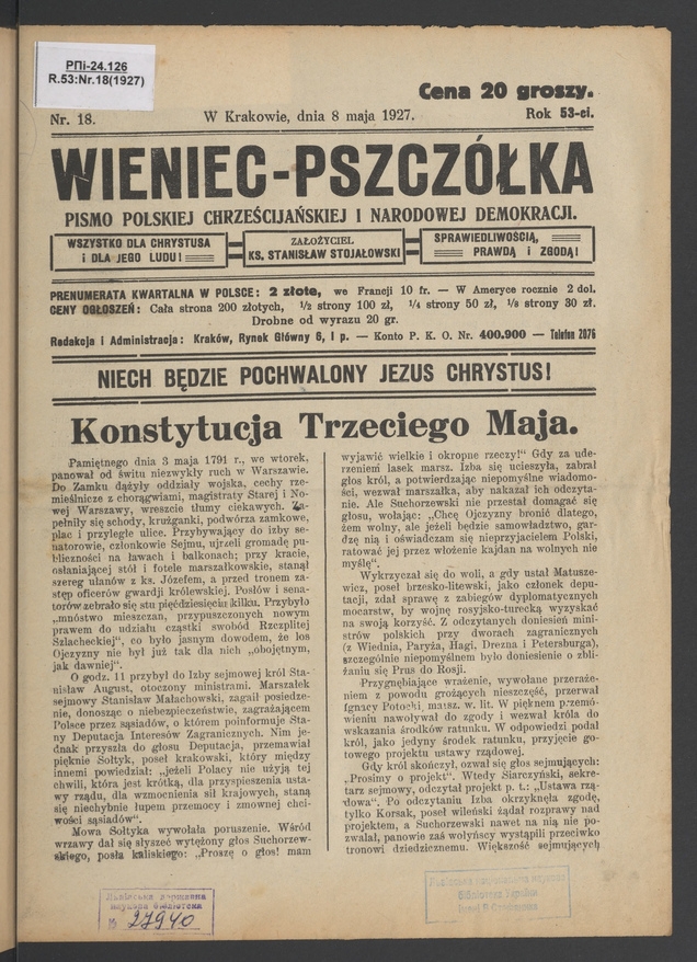 Wieniec-Pszczółka : pismo polskiej chrześcijańskiej i narodowej demokracji. Rok 53, 1927, numer 18